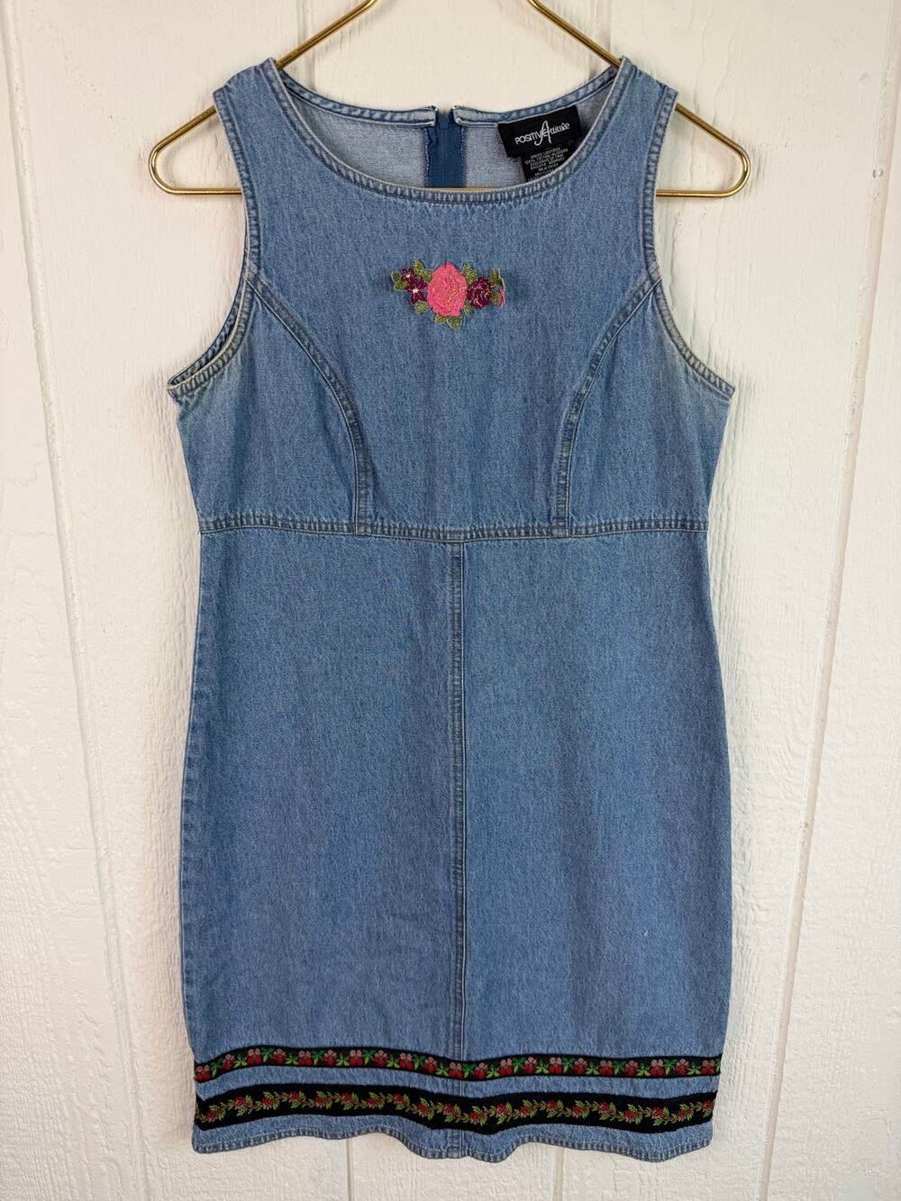 Vintage 90s Positive Attitude Denim Mini Dress Size 6 Floral Embroidered Y2K